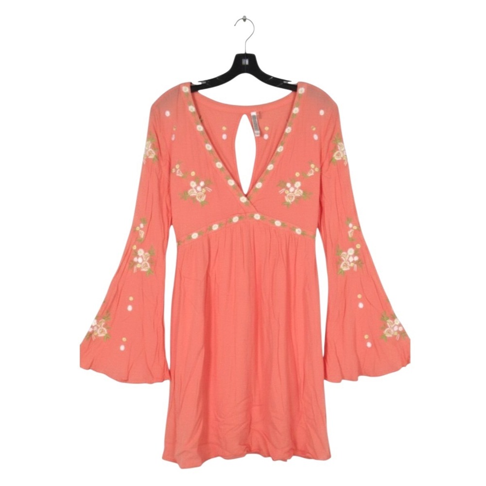 MONORENO Coral FLORAL EMBROIDERED Deep V-Neck KEYHOLE TIE BACK Babydoll Dress L